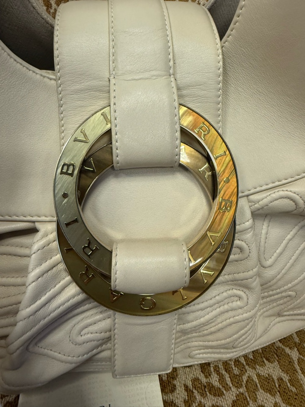 💯Auth Bvlgari Cream Leather Shoulder Bag/Satchel w Gold BVLGARI Rings &hardware - Picture 6 of 16